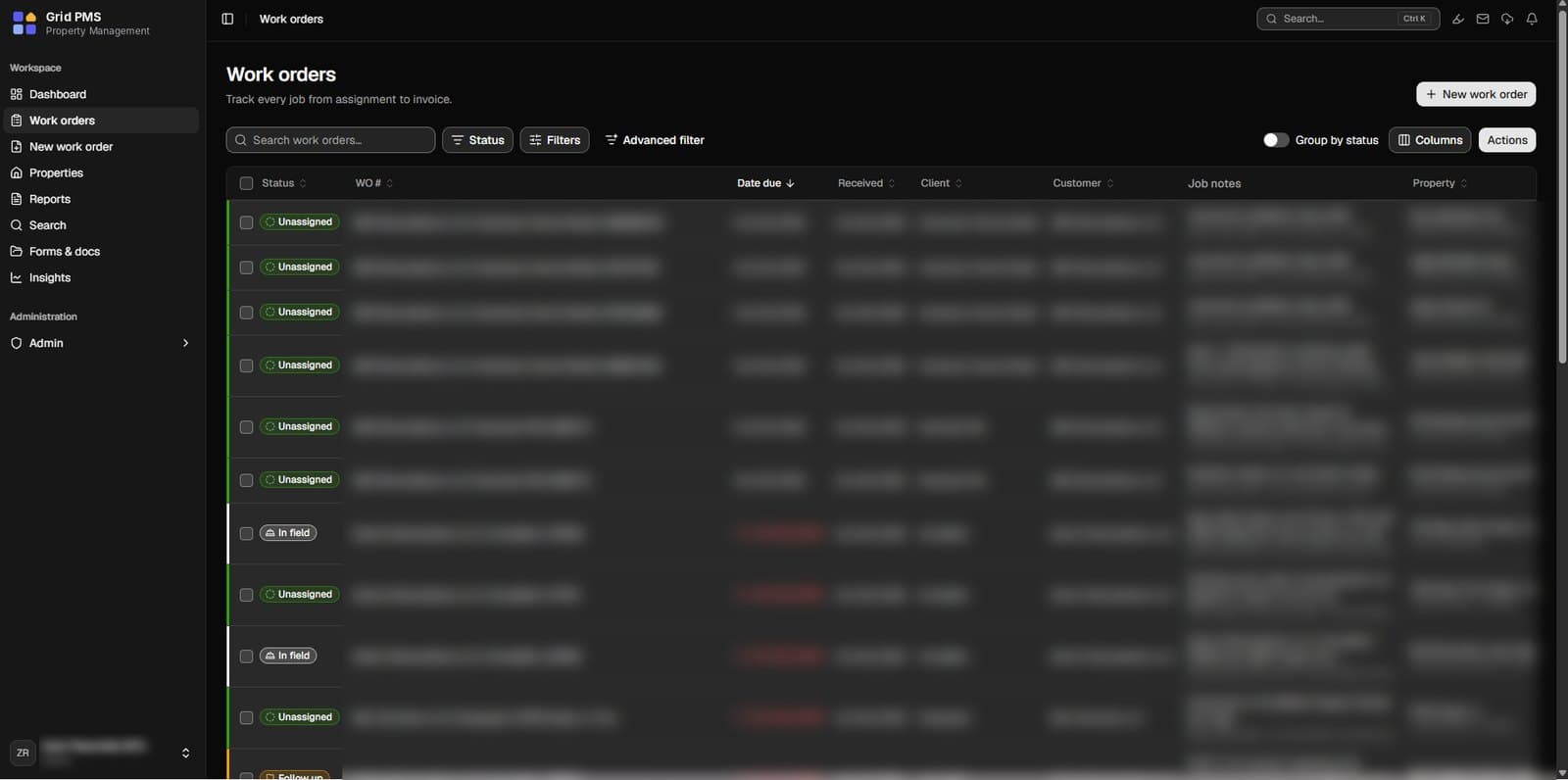 The work orders screen in dark mode, listing jobs by status, due date, client and customer