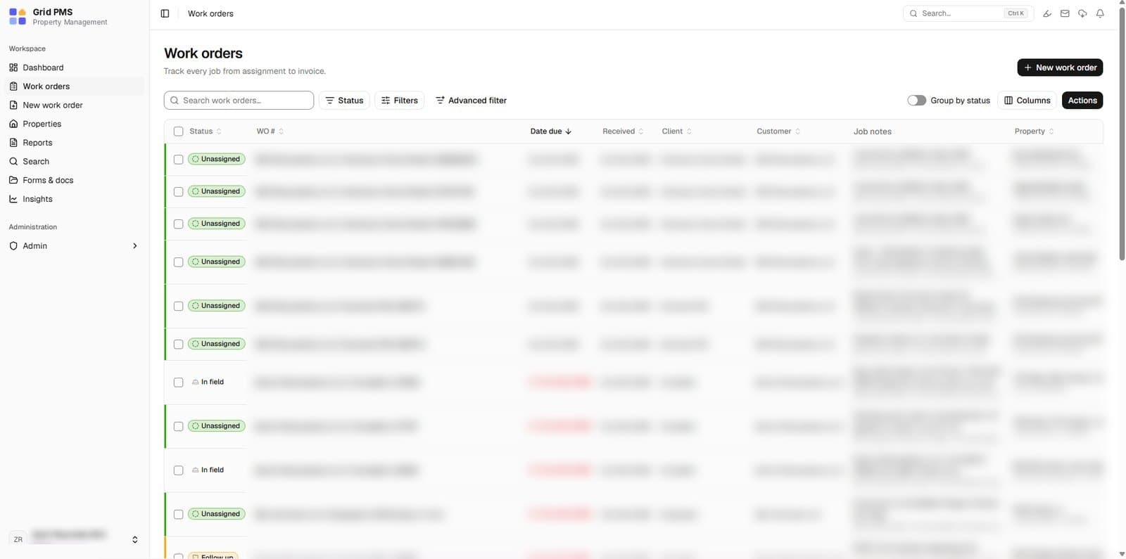 The work orders screen in light mode, listing jobs by status, due date, client and customer